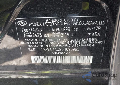 2013 Hyundai Sonata Limited z USA, uszkodzony, nr VIN 5NPEC4AC9DH693995